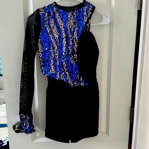 Weissman leotard,bike short,gold and royal blue sequins Size MA.